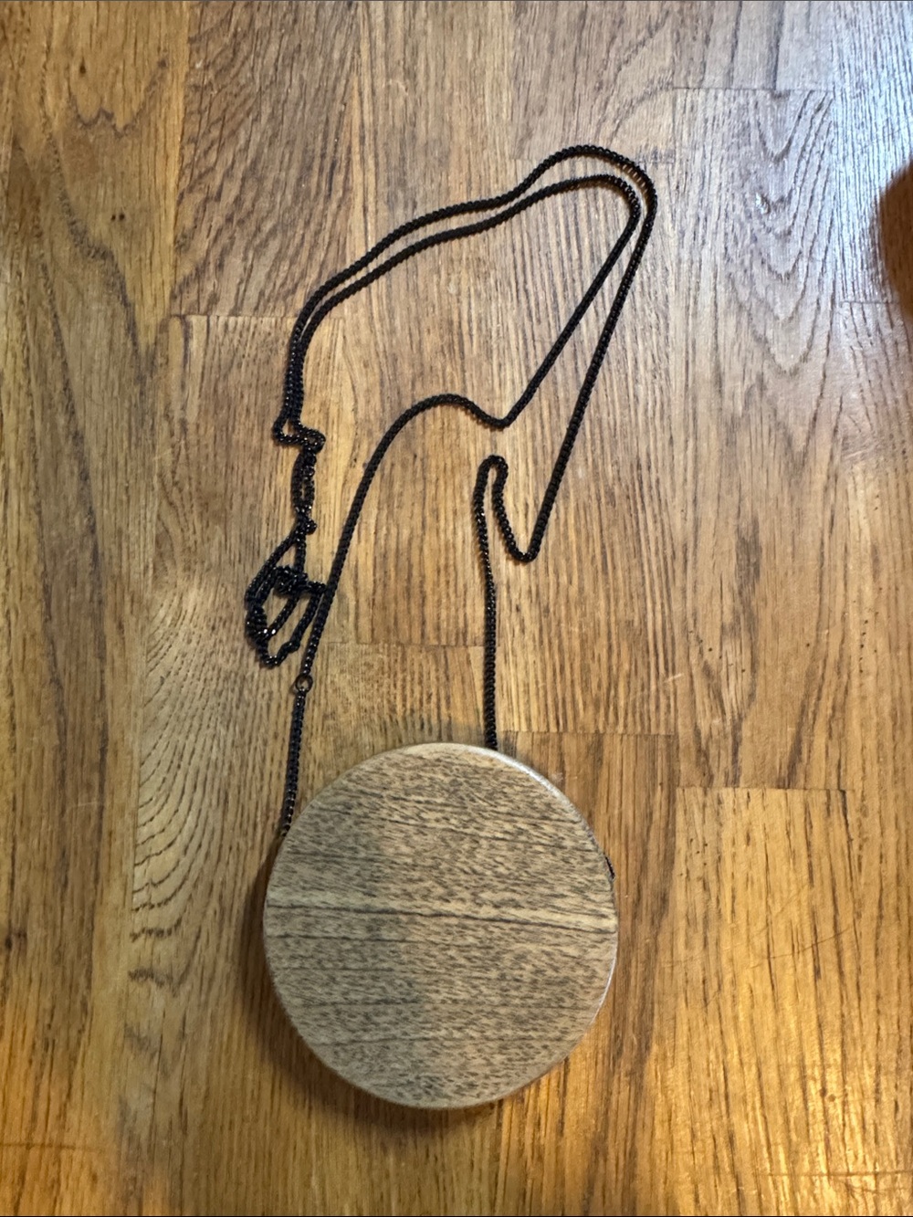 Round Wood Pendant Necklace - Black Chain, Natural Wood